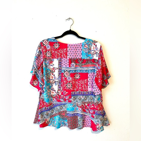 Chicos Patchwork Print Peplum Flutter Sleeve Top Blouse Size 2 Pink Red Floral - Picture 7 of 7